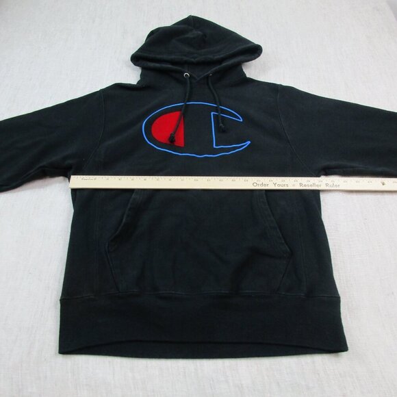 Champion Hoodie Mens Black Fleece Lined Reverse Weave New York USA Logo Pullover - Picture 7 of 8